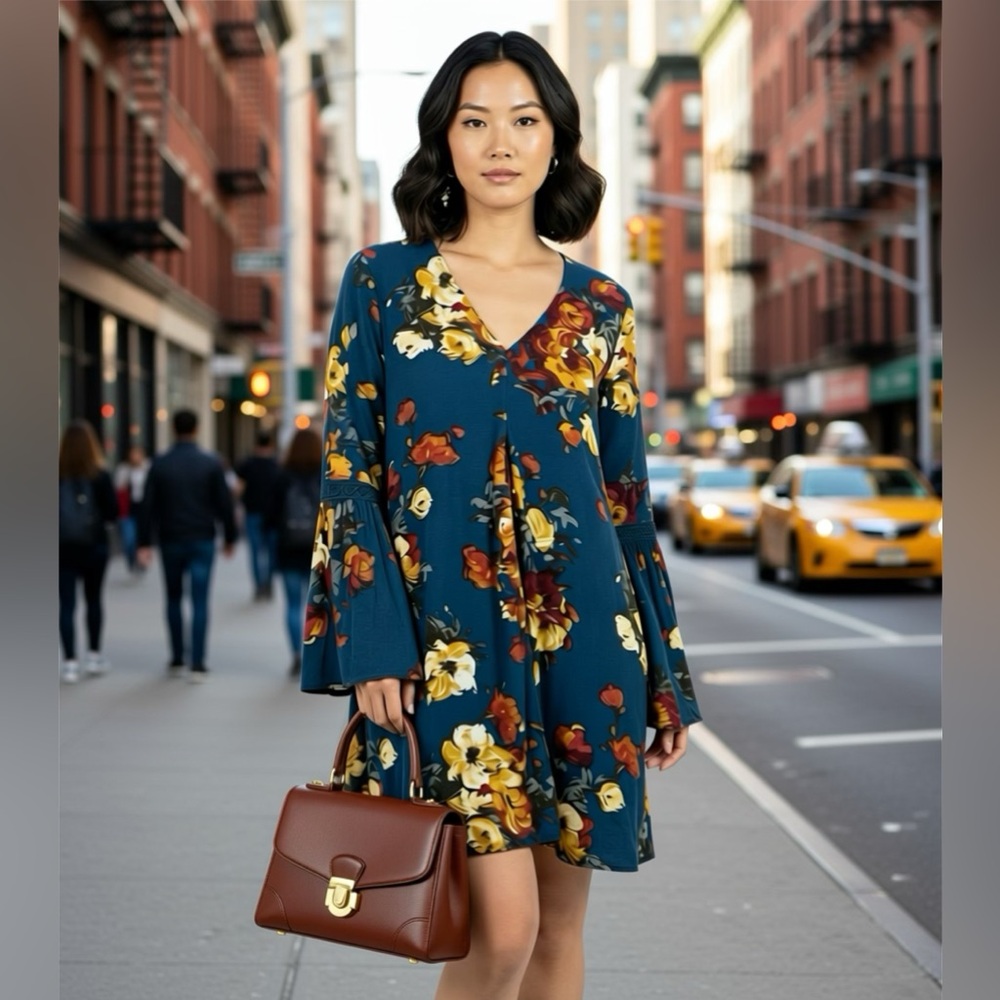 Altar’d state Floral V-Neck Dress ladies medium long ‘ bell sleeve’